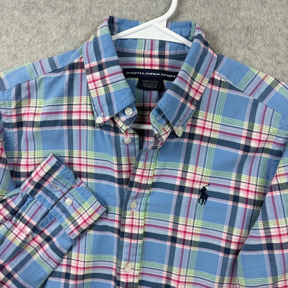 Ralph Lauren Sport Shirt Womens 6 Blue Plaid Oxford OCBD Button Down Preppy Y2K